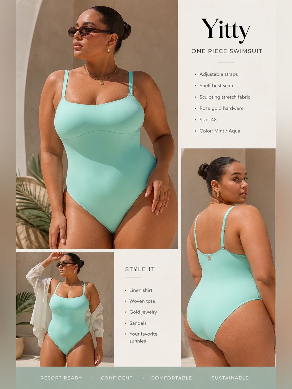 Yitty Mint Green Sculpting One Piece Swimsuit 4X | Aqua Shelf Bust Swimwear NWT